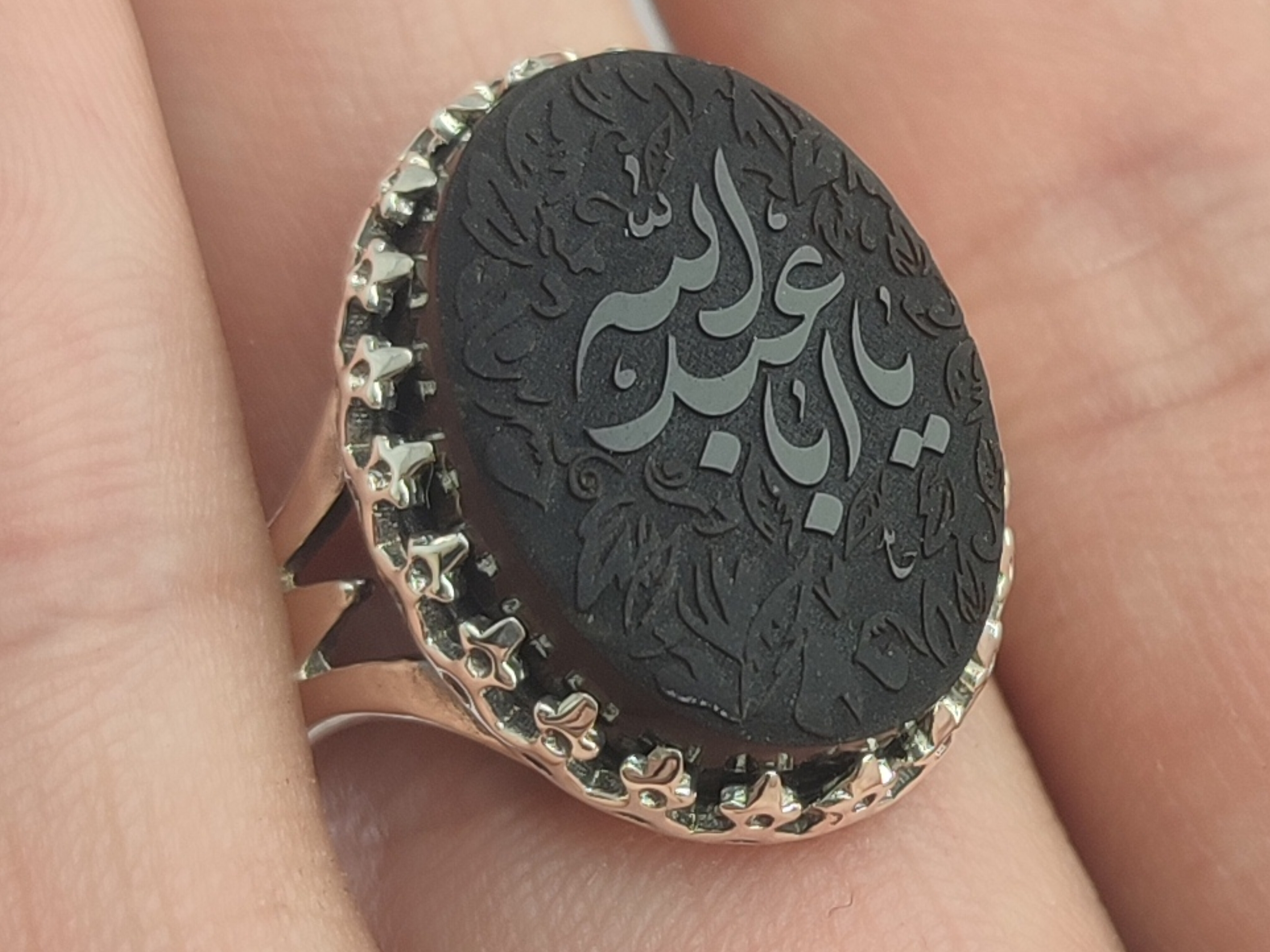 انگشتر نقره مردانه سنگ عقیق مشکی حکاکی یا ابا عبدالله (ع) کد ۷۰۰۱